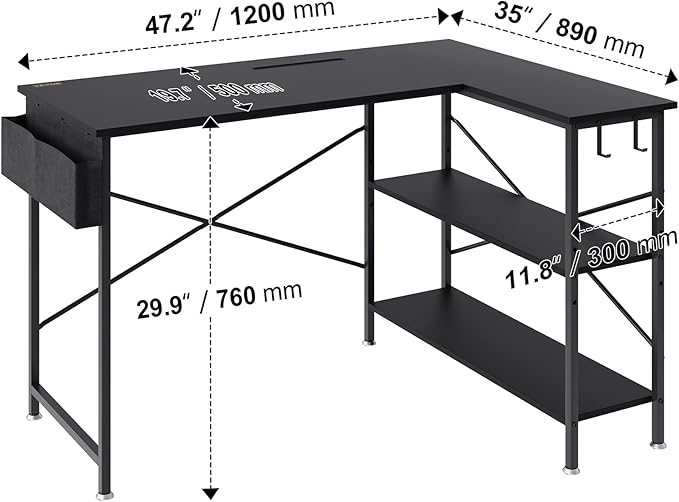 VEVOR L Shaped Computer Desk 47' Corner Desk with Storage Shelves Bag Phone Slot and Headphone Hook L Shaped Office Desk Gaming Desk for Home Office Workstation Black