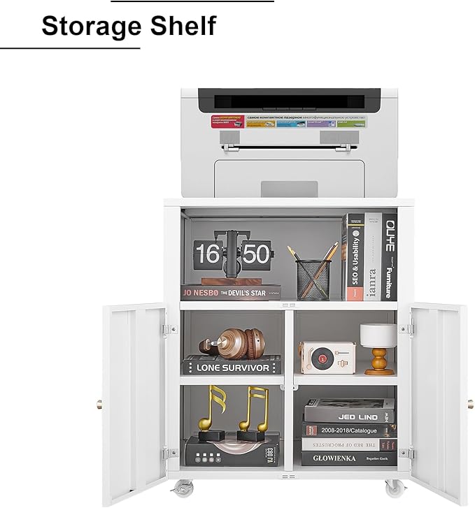 2-Door File Cabinet Lateral Mobile Filing Under Desk Storage Organizer with Wheels Printer Stand &amp Open Storage Shelves for Home Office Organization White