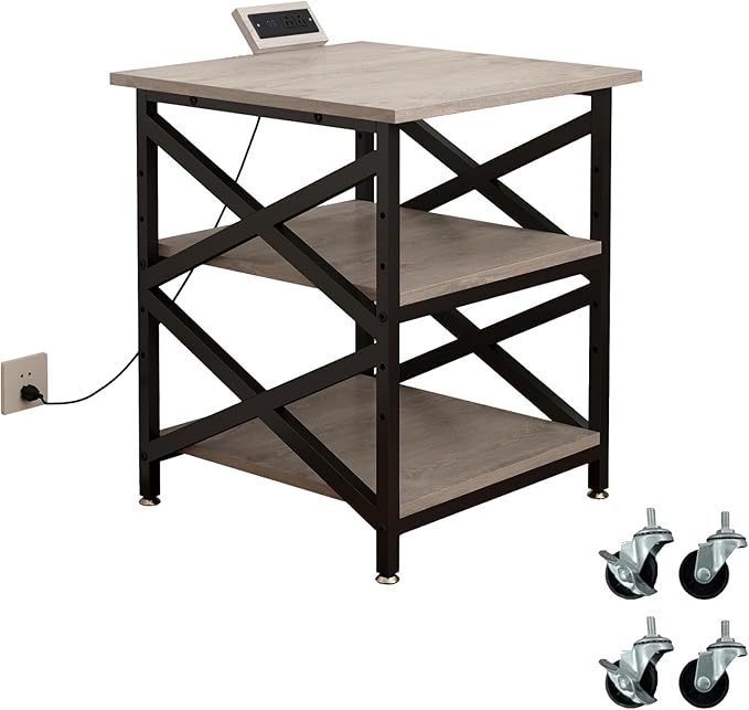 Large Printer Stand with Power Outlet with Height Adjustable Storage Shelf 3 Tier Rolling Printer Cart with Industrial Wheels 23.6 x 23.6 Inches Printer Table for Home Office Greige