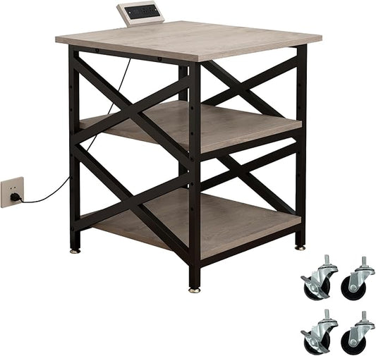 Large Printer Stand with Power Outlet with Height Adjustable Storage Shelf 3 Tier Rolling Printer Cart with Industrial Wheels 23.6 x 23.6 Inches Printer Table for Home Office Greige