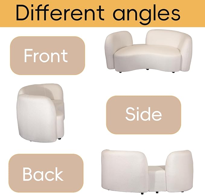 Curved couches for Living Room 2-Seat Luxury Couch 68'' Solid Wood and High-Density Foam Lamb Fleece for Small Space Bedroom Apartment Home Office White