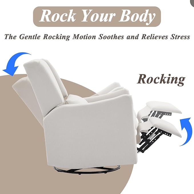 Lazy Boy Glider Recliner Nursery Chair with Wingback Swivel Rocking Recliner for Small Spaces Thick Cushion Linen (Beige)