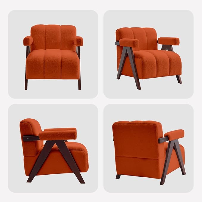 Accent Chair Mid-Century Modern with Wide Backrest for Bedroom Upholstered Living Room Chair with Wooden Lounge Armchair with Thick Cushion Cute Teddy Comfy Chair Orange