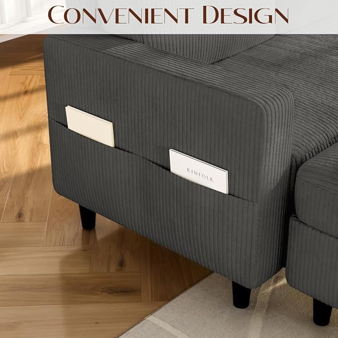 Sectional Couches for Living Room L Shaped Couch with Storage Ottoman Small Sofa Corduroy Couch with Side Pockets Modern 3 Seater Convertible Sofa for Apartment Office Dark Grey