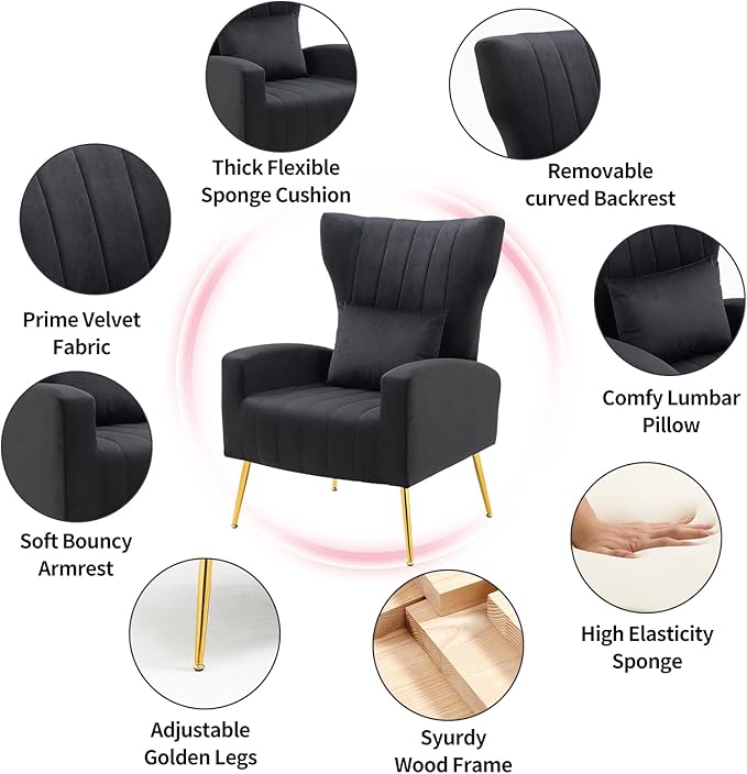 Living Room Chairs Set of 2 Modern Velvet Accent Chairs with Lumbar Pillow High Back Armchair Arm Chairs with Gold Metal Legs for Bedroom Black