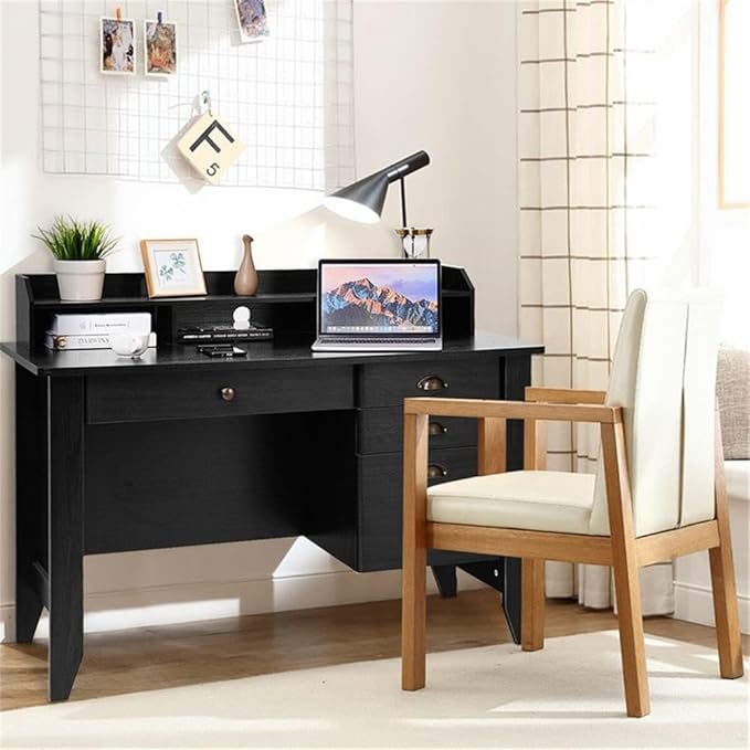 Pemberly Row Computer Desk MDF Wood Construction Black Finish Spacious Tabletop with Elevated Monitor Stand File Drawer and 3 Storage Drawers Modern Workstation for Home Office or Study