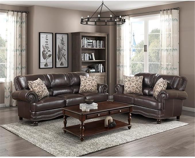 Pemberly Row Breathable Faux Leather Upholstered Sofa Brown Finish Solid Wood Frame High-Density Foam Padding Nailhead Trim Decorative Pillows Espresso Wood Feet Traditional Living Room Seating