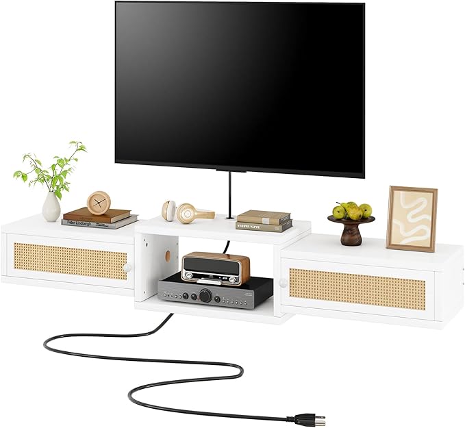 IBUYKE Modern Rattan Floating TV Stand with DoorsWall Mounted TV Shelf for TVs up to 55 InchesMedia Console Entertainment Center for Under TV Storage Cabinet for Living Room BedroomWhite UWST012W