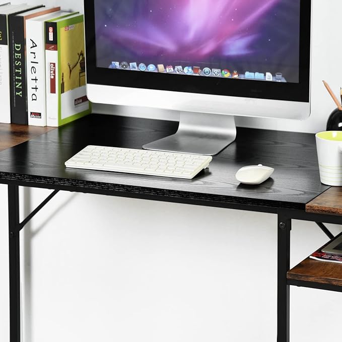FurnitureR 47.2 inch Study Writing Table with Storage Shelves Space Saving for Home Office Modern Simple Style PC Metal Frame Computer Desk Black&ampBrown