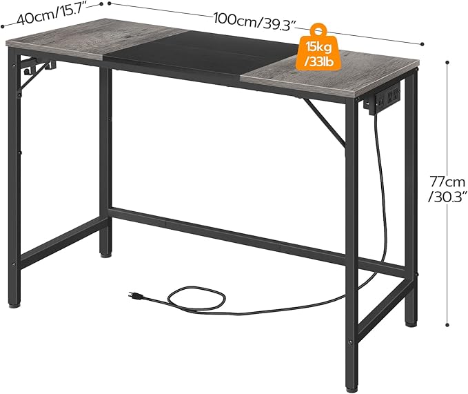 HOOBRO Computer Desk Home Office Desk with Power Outlet Modern Study Writing Desk with 3 Hooks for Study Room Home Office Sturdy and Stable Easy to Assemble Charcoal Gray and Black BC41UDN01