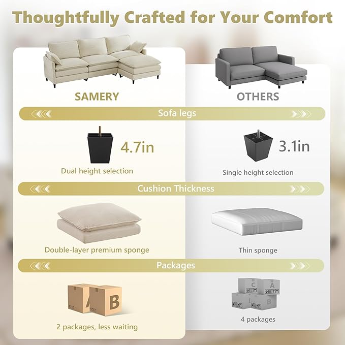 SAMERY 113 Modular Sectional Sofa Comfy Cloud Couch with Movable Ottoman Pillows Deep Seat Corduroy Modular Sofa L Shaped Cloud Sectional Couches for Living Room Bedroom Apartment Beige