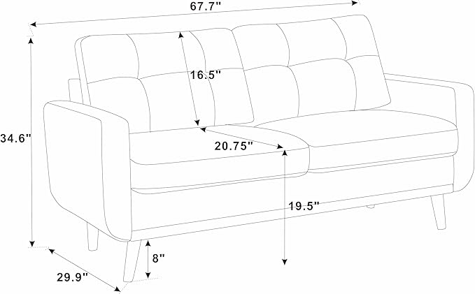 67.7''Mid-Century Modern Sofa Couch Upholstered Tufted Loveseat Sofa with Solid Wood Legs 2 Seat Small Couch with Thick Padded Cushions Comfy Couches for Small Spaces Bedroom Living Room Blue Grey