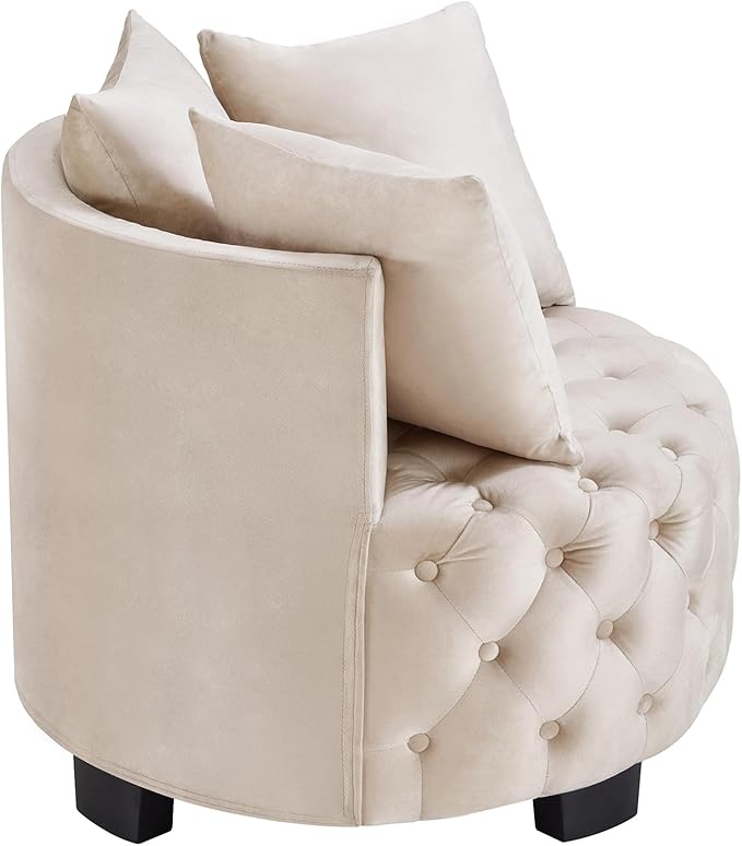 Velvet Accent Lounge Chair - 31.25''W Upholstered Button Tufted Velvet Barrel Chair with 3 Pillows with Button Tufted Modern Round Club Chair Reading Sofa Chair (Beige)