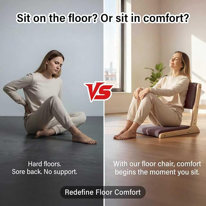 Tiita Floor Chair with Back Support Foldable Meditation Tatami Chairs Backrest Chair with Cushion Living Room Chair Seat 4 Pack Wood Grey
