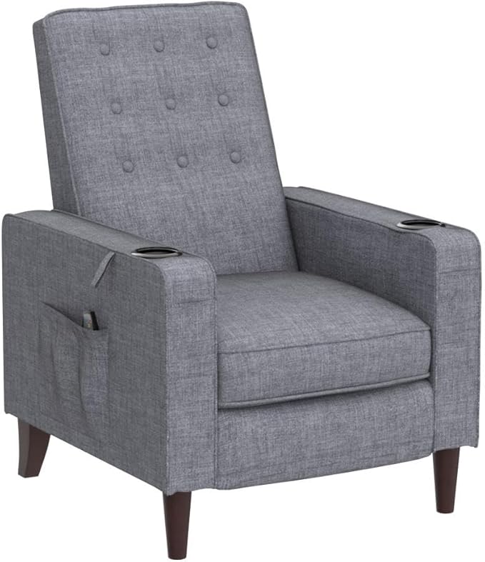 Push Back Recliner Mid-Century Modern Accent Chair Reading Chairs Set of 2 Tufted Fabric Arm Chair for Living Room w/Heat Massage/Side Pockets (2 PC Gray)