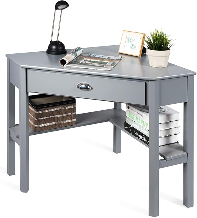 RELAX4LIFE Corner Computer Desk Triangle with Drawer and Shelves Stable Laptop PC Table Home Office Writing Desk Study Workstation Desk (Gray)