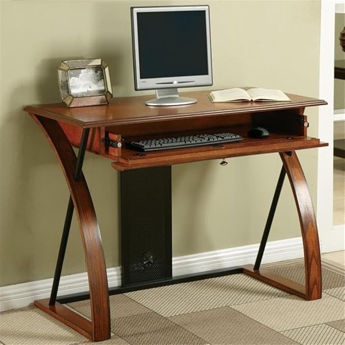 Pemberly Row Computer Desk 44W x 22D x 30H Medium Brown Oak Veneer with Black Powder-Coated Accents Engineered Wood Keyboard Tray Rustic Home Office Desk for Indoor Use