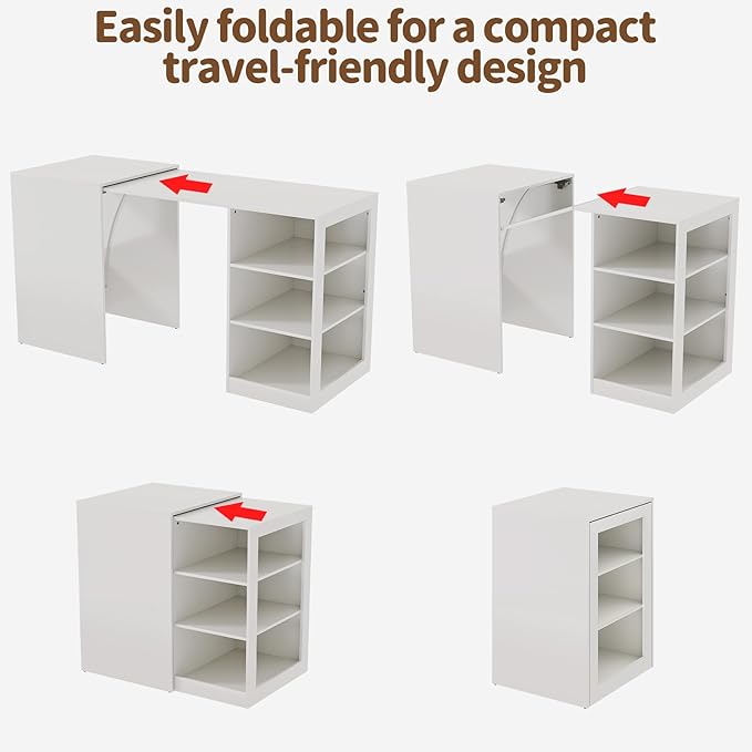 Folding Desk with Storage Computer Desk with 3-Tier Shelves for Compact Spaces Pull Out Writing Table for Home Office Bedroom Kitchen Living Room