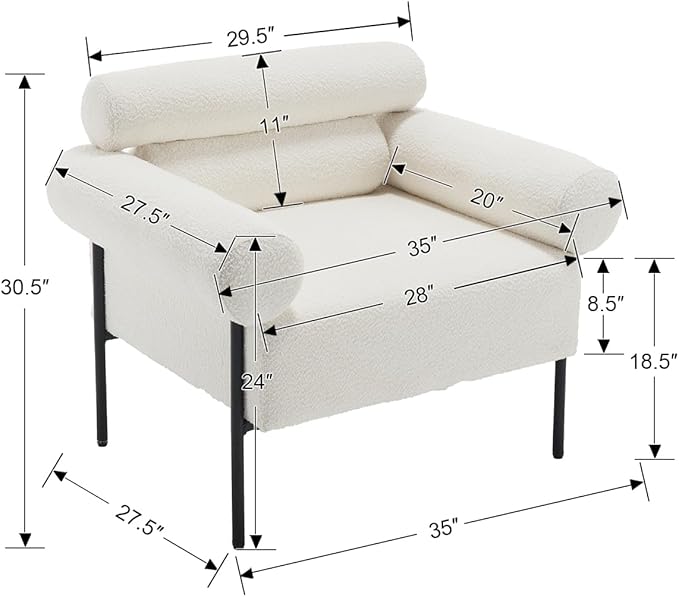 Modern Accent Chair Boucle Sofa Accent Chair for Living Room Upholstered Sherpa Mid-Century Modern Armchair Oversized Reading Chair with Channel Tufted for Bedroom Office White