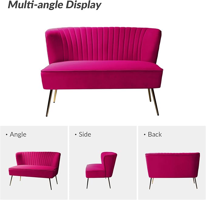 HULALA HOME Velvet Loveseat Sofa with Gold Legs Mid-Century Modern Upholstered Love seat Couch Tufted Small 2-Seat Sofa Armless for Living Room Bedroom Apartment Small Spaces Fuchsia