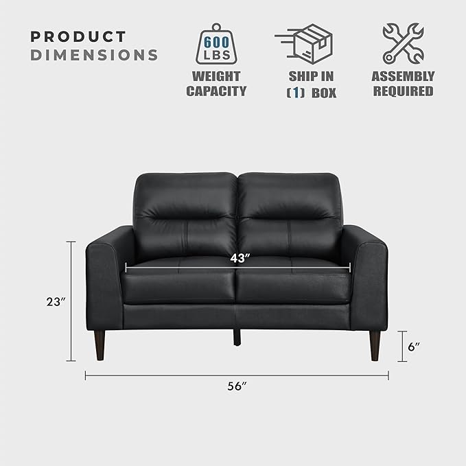 Lexicon Leather Match Loveseat Sofa Modern Couch Sofa Oversized Loveseat Solid Wood Legs Top Grain Leather 2 Seater Couch for Living Room Bedroom Office Apartment Waiting Room Black