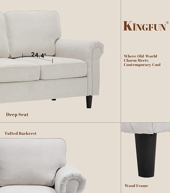 Kingfun Loveseat 2 Seater Couch with Chair Mid Century Modern Chenille Sofa Set with Rolled Arms and Deep Seats Fluffy Comfort for Living Room Apartment Easy Assembly Beige