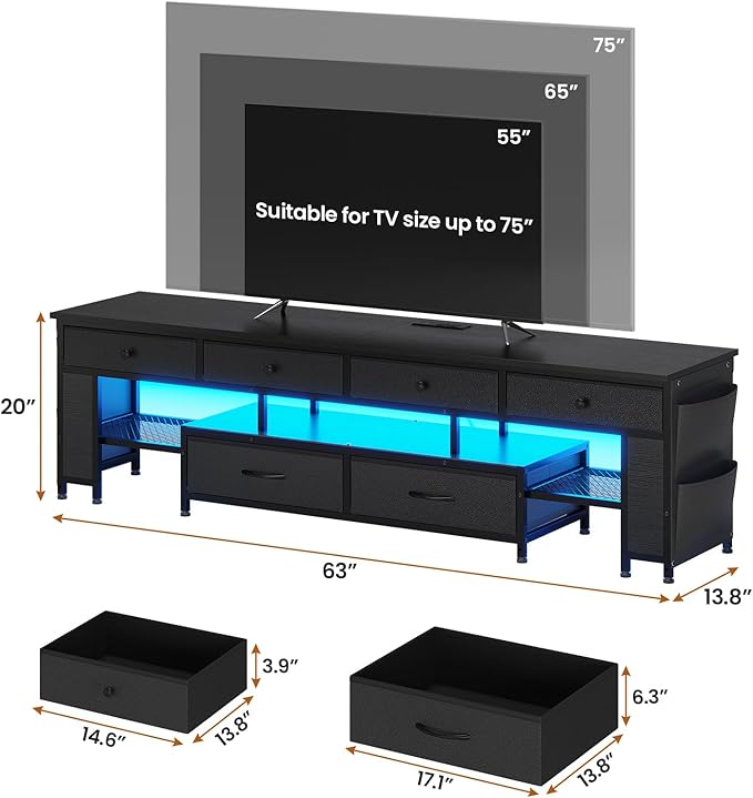 BTHFST LED TV Stand for 65/70/75 Inch TV Entertainment Center with Storage &amp Power Outlets 63 TV Stand with 6 Drawers &amp 4 Bags &amp Shelves TV Console Media Console for Living Room Bedro