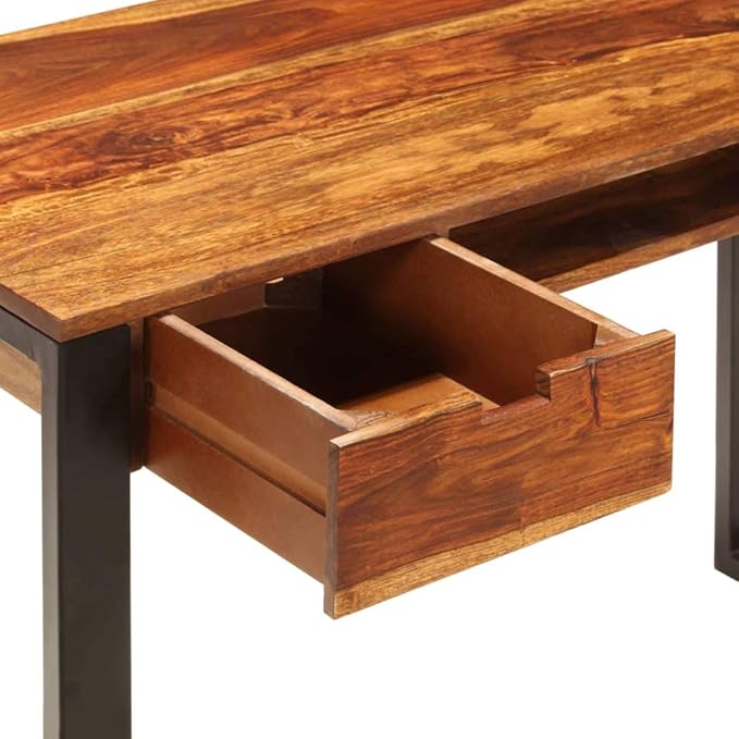 Sheesham Wood Desk Black Powder-Coated Steel Modern Table for Home Office Study Computer Writing Work with Drawers - 55 x 110 x 78 cm