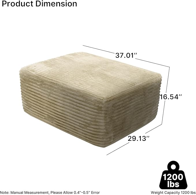 37'' Oversized Ottoman Bench Plush Corduroy Poufs Foot Tool Fluffy Boneless Couch Footrest Padded Seat Seat Cube for Living Room No Assembly (Beige)