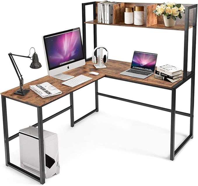 MEDIMALL L-Shaped Desk w/Storage Shelf Reversable Corner Desk Game Table w/Sturdy Metal Frame Multifunctional Computer Desk for Home Office (Rustic Brown)