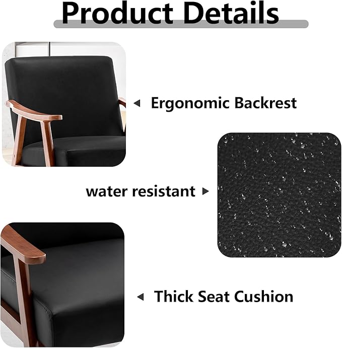 Fefances Mid-Century Modern Accent Chair - Solid Wood Frame Ultra-Thick Backrest Wingback Design Perfect for Bedroom &amp Indoor Lounge AreaBlack