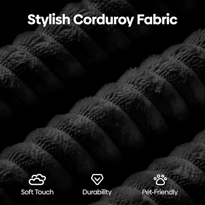 L-Shaped Corduroy Modular Sectional Couch Modern Floor Couch Sofa for Apartment Living Room Convertible Sleeper Sofa Bed with 3 Pillows No Assembly Required Black