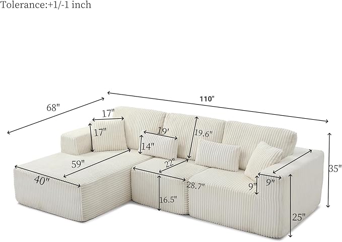 110 Inch Cloud Sectional Couch Modular Sectional Sofa with Deep Seat Corduroy Upholstered Boneless Couch for Living Room Bedroom Left Facing Chaise No Assembly Required (White)