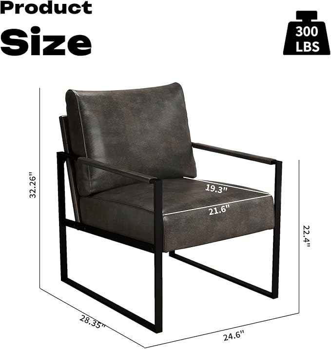Leather Accent Chair Set of 1 Metal Framed Armchair with Extra Soft Backrest and Cushion Mid Century Modern Chair with Sturdy Structure Modern Arm Chair for Living Room/Office/Bedroom Dark Grey