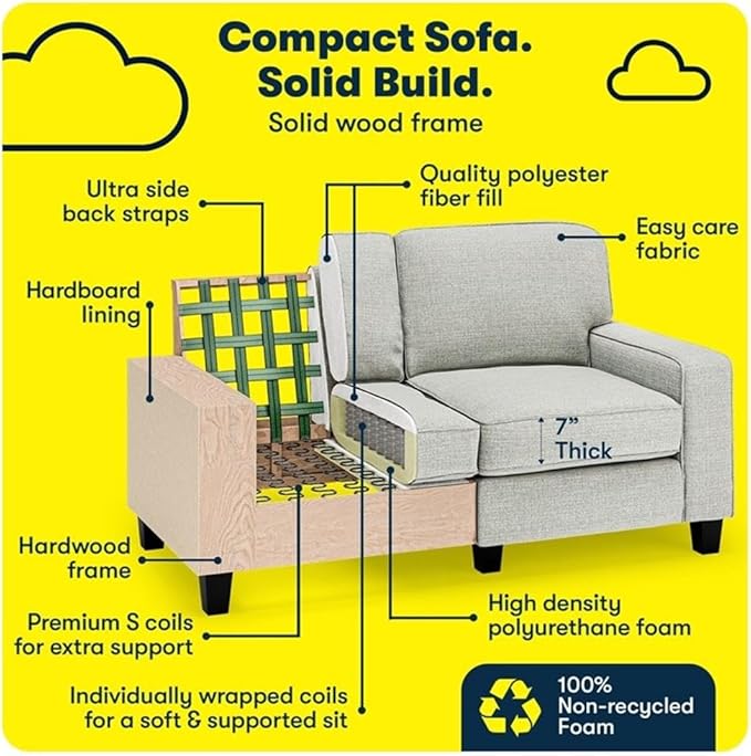 Pemberly Row 61 Track Arm Sofa Loveseat Pebble Gray Removable Covers Anti-Pilling Polyester Upholstery Compact Space-Saving Design Solid Wood Frame Modern Classic for Living Room or Home Office