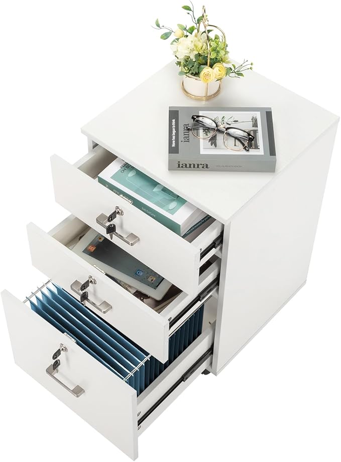 Rolling Wood File CabinetMobile File CabinetsLockable Wooden Filing CabinetUnder Desk Printer Stand Cabinetswith Wheels &amp Handlesfor Small Space Office Bedroom Living Room Study (White)