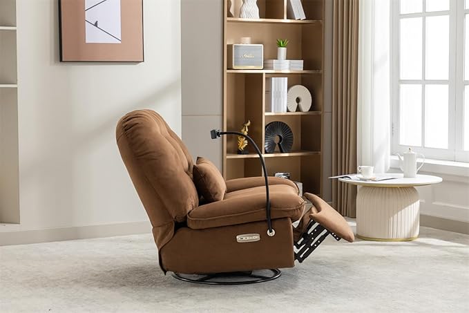 Linique Power Recliner Sofa Chair 270 Degree Swivel Leisure Single Sofa with Button Control Wireless Speaker USB Ports Hidden Arm Storage Phone Holder for Living Room Brown Fabric (Without LED)
