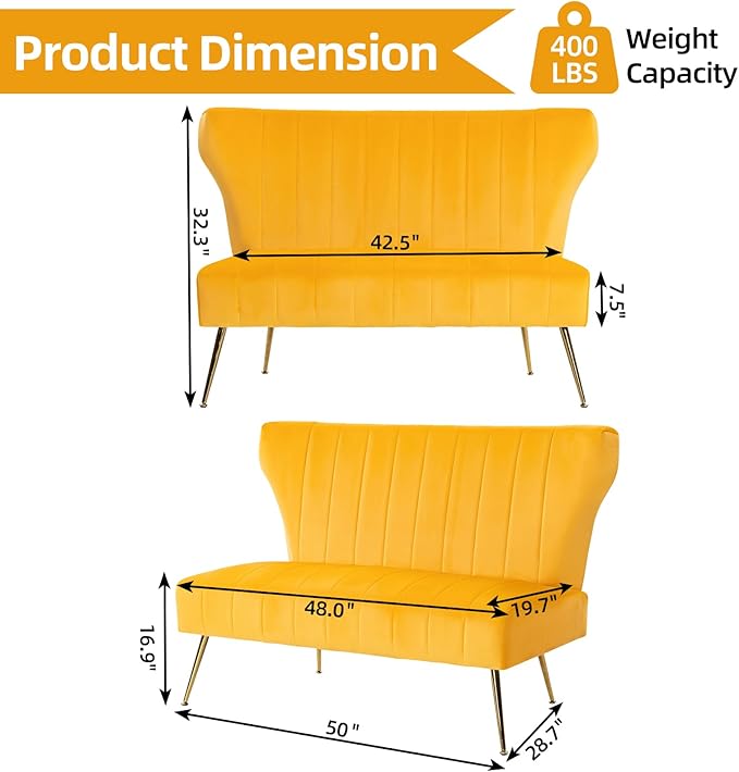 50’’ Armless Loveseat Sofa Comfy Upholstered Velet Small Couch Sofa with Gold Legs 2 Seater Tufted Modern Couch for Living Room Bedroom Apartment Small Space (Yellow)