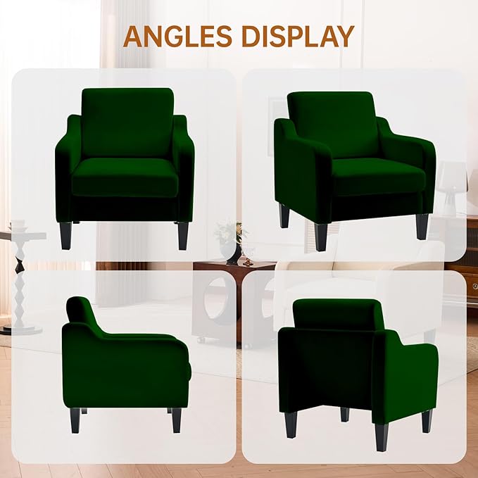 Accent Chair for Living Room Modern Velvet Living Room Chairs with Wide Backrest Upholstered Comfy Chair with Cushion Oversized Sofa Chair with Wood Legs Single Armchair Green