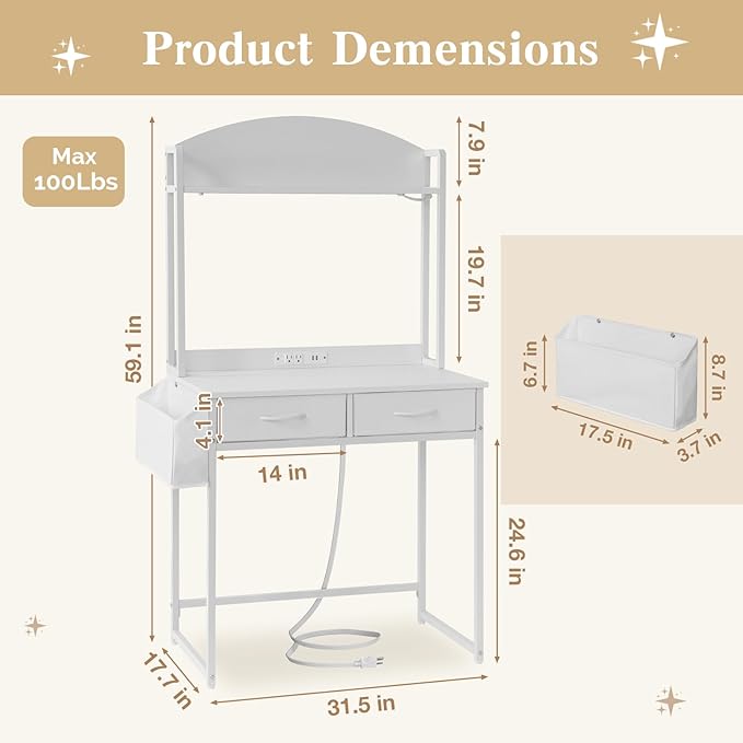 KATHY&ampBOB Freestanding Ladder Desk with Power Outlets Home Office Study Reading Desk with 2 Fabric Drawers and Side Bag 2 Tier Shelf Computer Gaming Desk Vanity Makeup Desk (White)