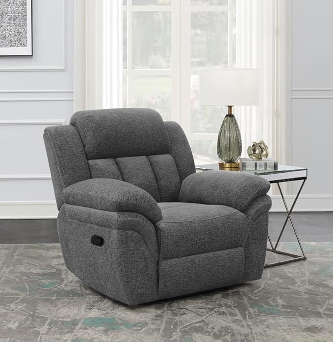 Coaster Home Furnishings - Bahrain - Fabric Upholstered Glider Recliner Chair with Wall Hugger Cool Gel Memory Foam Padded Arms and Plush Headrest - Living Room - 44-Inch - Charcoal - 609543