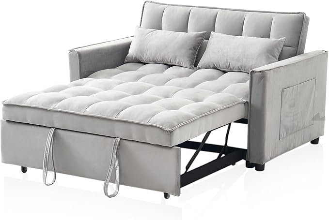 3-in-1 Loveseat Sleeper Sofa Modern 55.5 Pull Out Couch Velvet Upholstered Futon Sofa Bed with Adjustable Backrest Convertible Sofa Bed with Storage Pockets for Living Room(Light Grey)