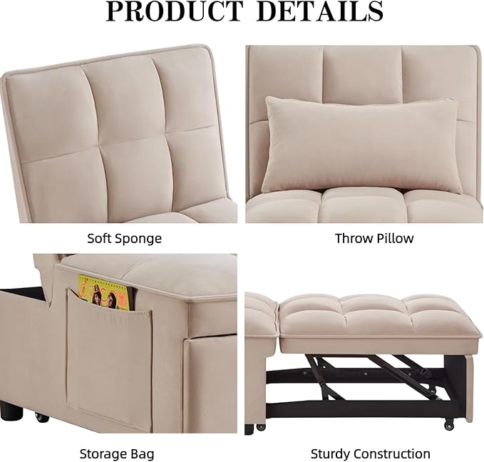 24.5 Wide Convertible Sleeper Chair with Pull Out Bed 4-in-1 Chair Bed with Adjustable Backrest &amp Storage Pockets Armless Metal Frame | Space-Saving Couch for Living Room &amp Bedroom (Gray)
