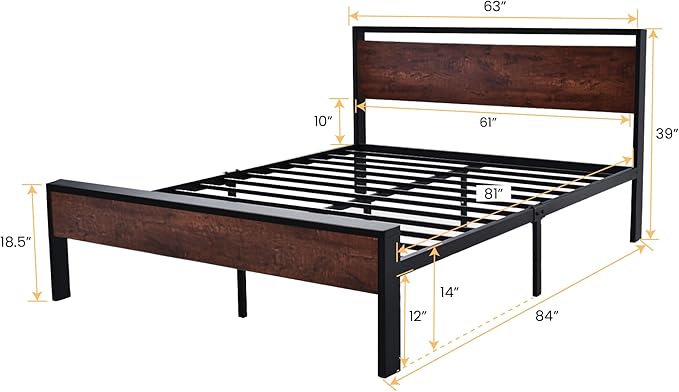 SHA CERLIN 14 Inch Queen Size Metal Platform Bed Frame with Wooden Headboard and Footboard Mattress Foundation No Box Spring Needed Large Under Bed Storage Non-Slip Without Noise Mahogany