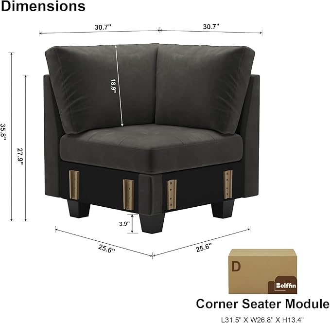 Belffin Velvet Corner Seat Module for Modular Sectional Sofa Couch Corner Sofa Couch Chair Grey