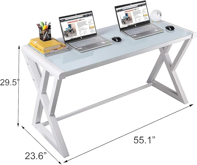 BINGTOO 55.1 Glass Top Computer Desk with Metal Frame - Modern Simple Workstation for Home Office Gaming Writing Study &amp Work White