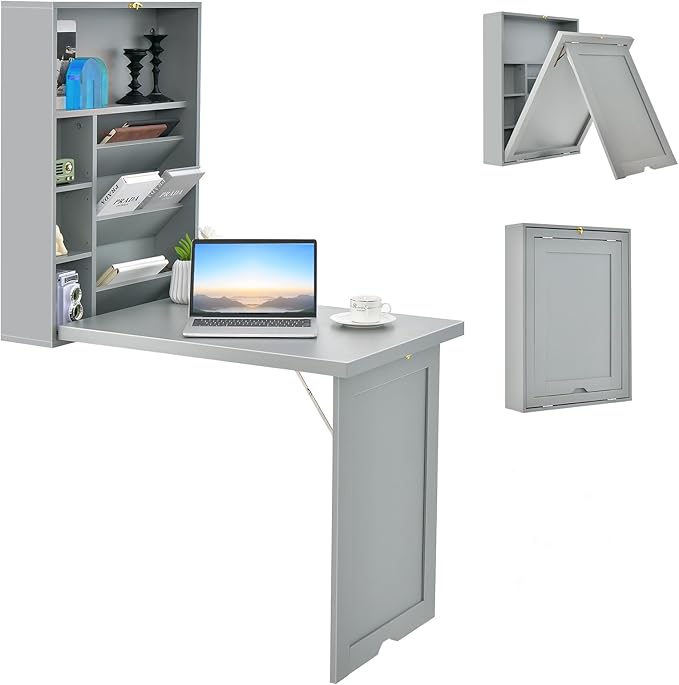 Wall Mounted Desk Wood Collapsible Floating Desk Convertible Computer Desk with Storage Area Hanging Fold Out Table for Home Office Small Spaces (Grey)