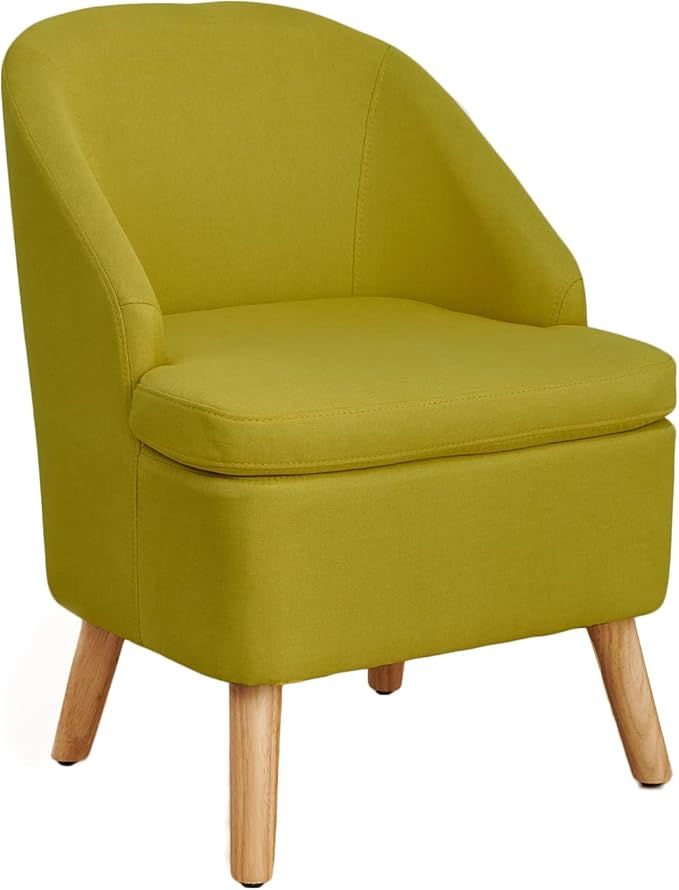 Cute Upholstered Accent Club Green Chair with Barrel Style Cotton Linen Like Fabric Round Single Sofa for Wooden Leg Living Room BedroomLarge