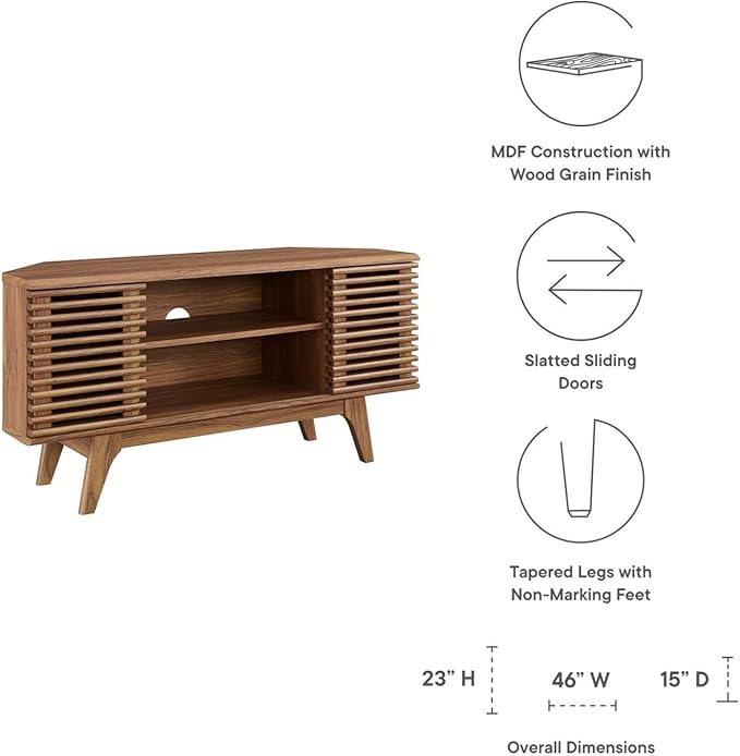 Modway Render Mid-Century Modern Low Profile Corner Media TV Stand in Wal 15 x 46 x 23