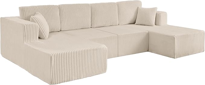 161 Oversized Cloud Boneless Sofa Couch with Chaise Modern Corduroy Modular Sectional Sofa with Deep Seat Comfy U Shaped Couch with Memory Foam for Living Room No Assembly Required (Beige)